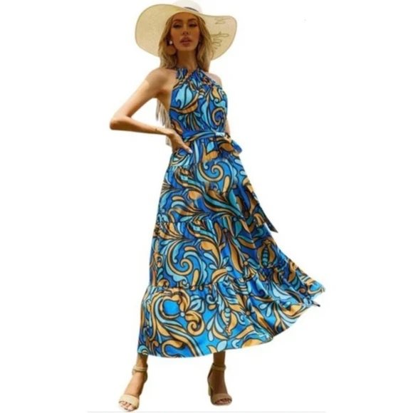 blue printed halter neck dress zara Zara